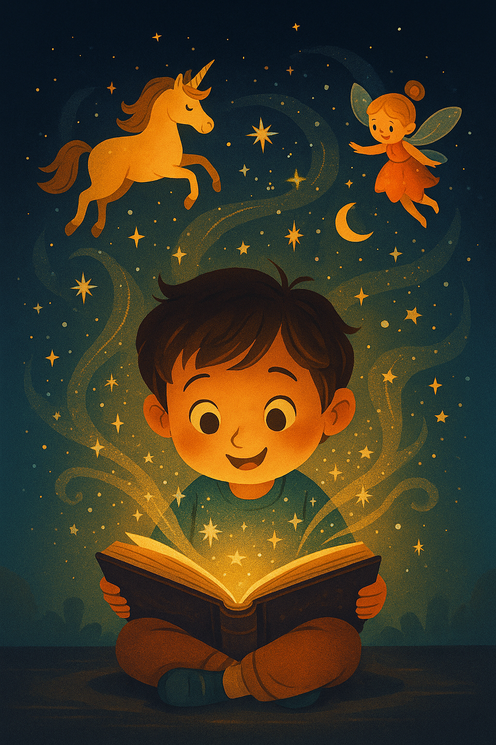 Child reading a magical storybook